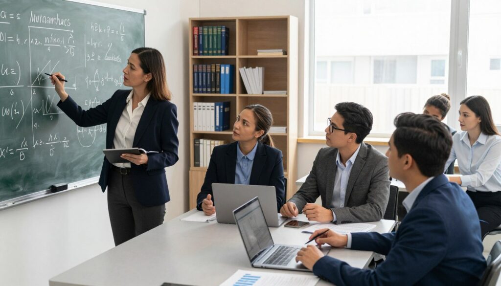 A professional and well-lit classroom setting focusing on business mathematics, featuring a diverse group of adults in business attire. In the foreground, a middle-aged woman is working on a chalkboard filled with complex equations and financial graphs, while two men are seated at a table with laptops, discussing and analyzing data. In the middle background, shelves lined with finance textbooks and a window letting in natural light creates a warm and scholarly atmosphere. The image should present a sense of collaboration and focus, capturing the intensity of MBA-level math and finance education. The angle should be a slightly elevated view to encompass the classroom environment. The overall mood is serious and intellectual, illustrating the challenges and collaborations found in MBA studies.