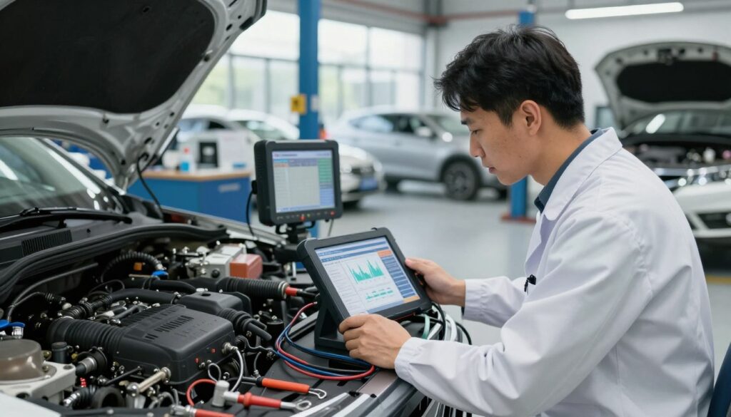 A professional automotive diagnostician in a modern workshop, wearing a clean, professional outfit, examines a car engine with specialized diagnostic tools. In the foreground, the diagnostician focuses intently on a high-tech diagnostic tablet displaying data and graphs. The middle layer features an assortment of car parts and diagnostic equipment on a workbench, with tools neatly arranged for easy access. In the background, large windows let in natural light, illuminating the workshop filled with various vehicles, creating a bright and industrious atmosphere. The scene captures a sense of diligence and expertise in the automotive field, highlighting the intricacies of car diagnostics and the impact of qualifications on a diagnostician's earnings. The overall mood is professional and focused, emphasizing the important role of diagnostic skills in the automotive industry. A professional automotive diagnostician in a modern workshop, wearing a clean, professional outfit, examines a car engine with specialized diagnostic tools. In the foreground, the diagnostician focuses intently on a high-tech diagnostic tablet displaying data and graphs. The middle layer features an assortment of car parts and diagnostic equipment on a workbench, with tools neatly arranged for easy access. In the background, large windows let in natural light, illuminating the workshop filled with various vehicles, creating a bright and industrious atmosphere. The scene captures a sense of diligence and expertise in the automotive field, highlighting the intricacies of car diagnostics and the impact of qualifications on a diagnostician's earnings. The overall mood is professional and focused, emphasizing the important role of diagnostic skills in the automotive industry.