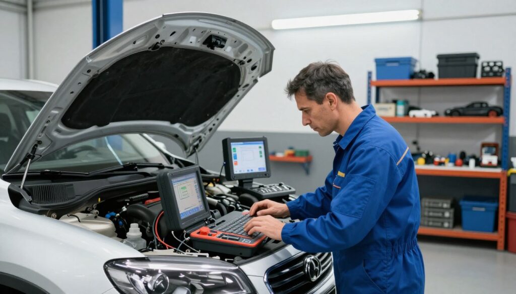 A professional automotive diagnostician in a well-lit inspection bay, examining a car on a hydraulic lift. The foreground captures the diagnostician, a middle-aged man wearing a blue mechanics jumpsuit, focused intently on diagnostic equipment, with an array of tools and gadgets beside him. In the middle ground, the car is clearly visible, showcasing an open hood and various electronic diagnostic displays monitoring vehicle performance. The background features a clean, organized garage with tools and vehicle parts neatly arranged on shelves. The scene is illuminated by bright overhead lights, creating a sharp, clinical atmosphere that conveys professionalism and expertise in automotive diagnostics. The mood is focused and industrious, emphasizing the critical responsibilities of the automotive diagnostician. A professional automotive diagnostician in a well-lit inspection bay, examining a car on a hydraulic lift. The foreground captures the diagnostician, a middle-aged man wearing a blue mechanics jumpsuit, focused intently on diagnostic equipment, with an array of tools and gadgets beside him. In the middle ground, the car is clearly visible, showcasing an open hood and various electronic diagnostic displays monitoring vehicle performance. The background features a clean, organized garage with tools and vehicle parts neatly arranged on shelves. The scene is illuminated by bright overhead lights, creating a sharp, clinical atmosphere that conveys professionalism and expertise in automotive diagnostics. The mood is focused and industrious, emphasizing the critical responsibilities of the automotive diagnostician.