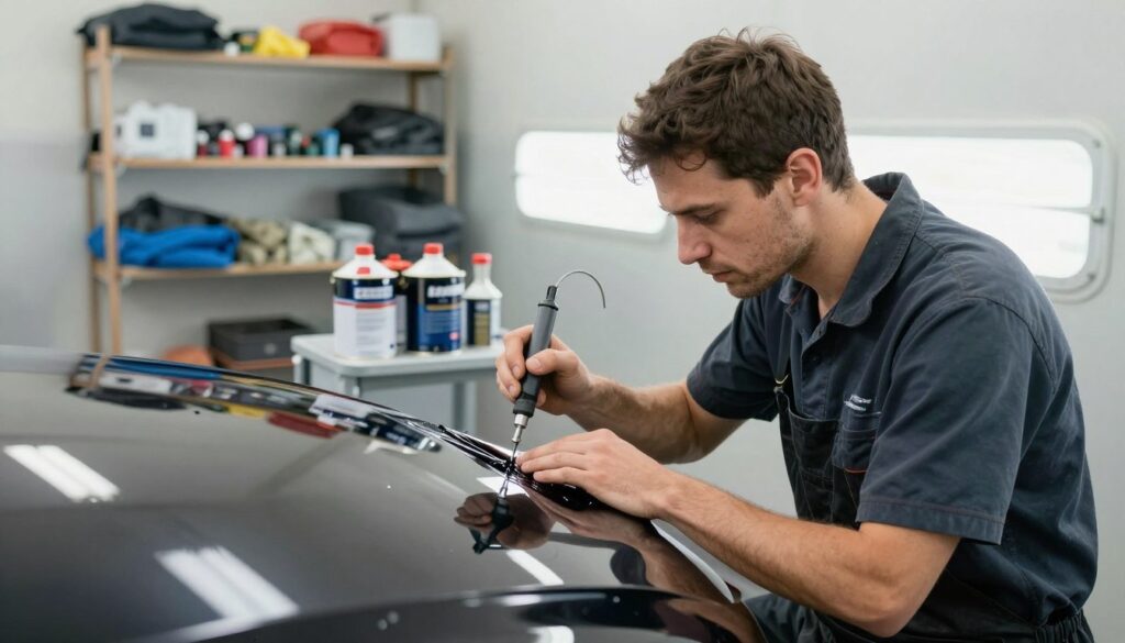 A professional automotive painter, dressed in modest work attire, is meticulously refinishing a car in a well-equipped workshop. The foreground shows the painter focused on applying a glossy coat of paint with precision, using specialized tools. In the middle, various automotive paint cans and a spray booth are visible, enhancing the context of their work. The background features shelves stocked with painting equipment and protective gear, illuminated by bright, focused lighting to create a clean and industrious atmosphere. The mood is industrious and dedicated, capturing the essence of skilled craftsmanship in the automotive industry. The image should emphasize the painter's expertise and the quality of their work without any text or overlays.