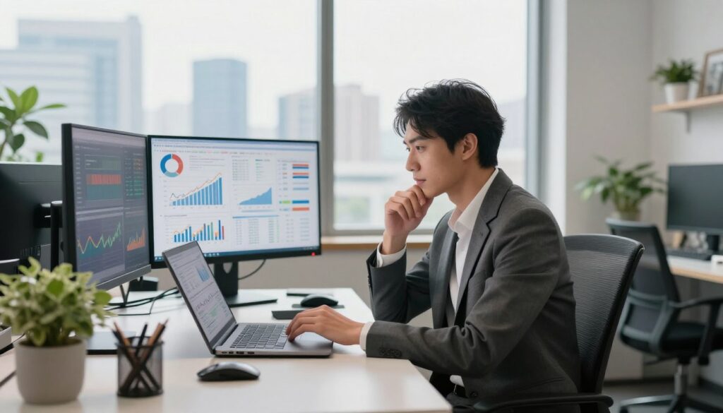 A professional bank analyst seated at a sleek, modern desk in an office environment, surrounded by graphs and financial data on multiple screens. The analyst, a focused individual in business attire, is attentively analyzing data with a thoughtful expression. In the foreground, a laptop displays financial analytics, while in the background, large windows reveal a city skyline bathed in soft, natural light, creating a bright and inspiring atmosphere. The room is well-organized, with potted plants and stylish office decor, emphasizing a professional yet comfortable ambiance. The composition should evoke a sense of diligence and expertise, capturing the essence of a specialist in the banking sector. The lighting should be soft yet bright, using a warm tone to enhance the welcoming nature of the workspace.