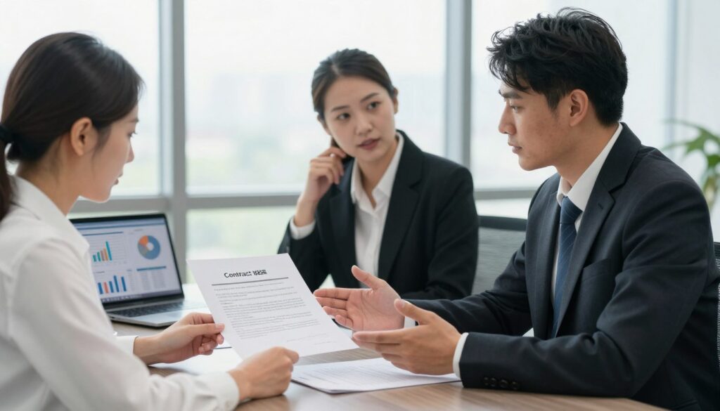 A professional business setting depicting two individuals in formal attire, seated at a sleek conference table. In the foreground, a woman is examining a contract with a focused expression, while a man gestures thoughtfully, suggesting discussions about contract withdrawal and security measures. In the middle ground, scattered legal documents and a laptop display graphs and charts, illustrating the concept of contract stability and implications of withdrawal. The background features a modern office with large windows allowing natural light to flood the space, creating a bright, optimistic atmosphere. The mood is serious yet cooperative, emphasizing the importance of safeguarding interests during contractual negotiations. Use soft lighting to convey a professional tone, focusing on clarity and detail.
