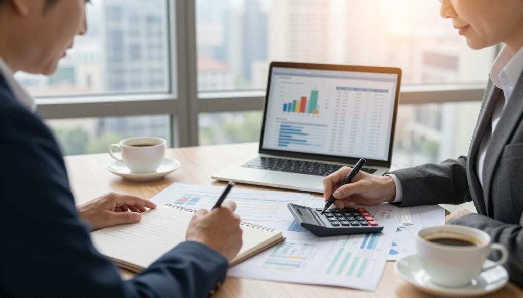 A professional business setting illustrating the steps to calculate retirement severance pay. In the foreground, a well-dressed middle-aged person, focused and calculating on a notepad with a calculator, represents the process. In the middle, a desk filled with financial documents, a laptop displaying graphs and tables of pension calculations, and a cup of coffee for a warm, inviting atmosphere. In the background, a large window revealing a sunny urban skyline, conveying a sense of hope and planning for the future. Soft, natural lighting filters in, creating an optimistic and serious mood. The image should reflect clarity, professionalism, and careful consideration without any distractions or text overlays. A professional business setting illustrating the steps to calculate retirement severance pay. In the foreground, a well-dressed middle-aged person, focused and calculating on a notepad with a calculator, represents the process. In the middle, a desk filled with financial documents, a laptop displaying graphs and tables of pension calculations, and a cup of coffee for a warm, inviting atmosphere. In the background, a large window revealing a sunny urban skyline, conveying a sense of hope and planning for the future. Soft, natural lighting filters in, creating an optimistic and serious mood. The image should reflect clarity, professionalism, and careful consideration without any distractions or text overlays.