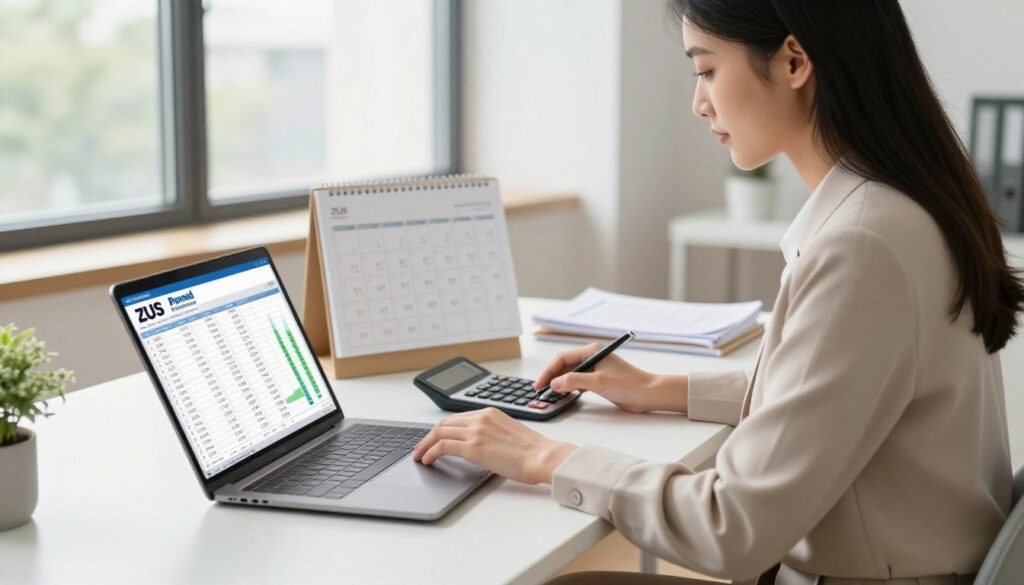 A professional businesswoman sitting at a modern desk, calculating her monthly contributions for ZUS (Social Insurance Institution) in Poland. The foreground features a laptop with a detailed spreadsheet open, depicting numbers and graphs related to contributions. The middle background shows a calendar marked with important payment deadlines and a calculator next to stacks of paperwork, conveying meticulous organization. The setting is an airy office with large windows allowing natural light to flood in, enhancing focus and clarity. A warm, productive atmosphere prevails, with soft colors and a clean, minimalist design. The woman is dressed in a smart casual outfit, exuding professionalism and determination.