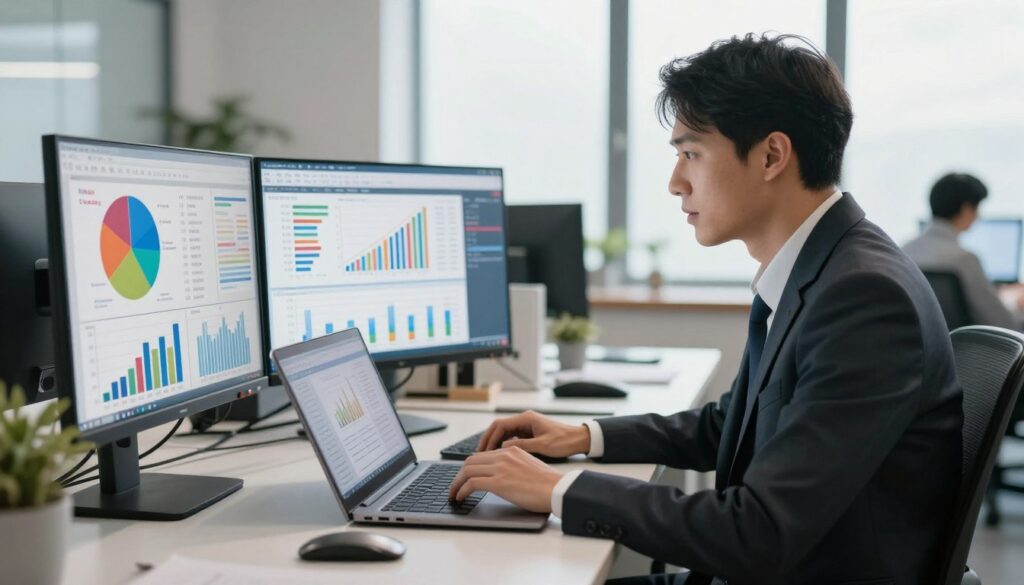 A professional data analyst in business attire, focused and engaged, seated at a modern office desk, surrounded by multiple monitors displaying colorful data charts and graphs. In the foreground, a pie chart and bar graphs are clearly visible on one of the screens, representing salary trends for junior, mid-level, and senior analysts. The middle layer features a sleek laptop with statistical software open, emphasizing data analytics. In the background, a bright and contemporary office environment with large windows allowing natural light to flood in, creating an energetic and optimistic atmosphere. The mood is professional and analytical, with a sense of determination and focus. Soft shadows and warm lighting add depth, while a slight depth of field blurs the background slightly. A professional data analyst in business attire, focused and engaged, seated at a modern office desk, surrounded by multiple monitors displaying colorful data charts and graphs. In the foreground, a pie chart and bar graphs are clearly visible on one of the screens, representing salary trends for junior, mid-level, and senior analysts. The middle layer features a sleek laptop with statistical software open, emphasizing data analytics. In the background, a bright and contemporary office environment with large windows allowing natural light to flood in, creating an energetic and optimistic atmosphere. The mood is professional and analytical, with a sense of determination and focus. Soft shadows and warm lighting add depth, while a slight depth of field blurs the background slightly.