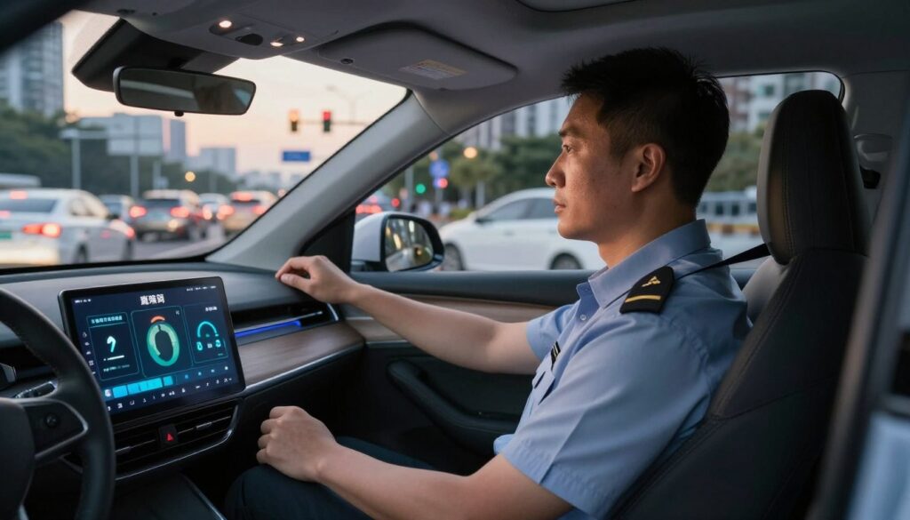 A professional driver in a smart uniform sits inside a modern car, focusing on the road ahead, with a digital display showcasing a week's driving statistics illuminated in the foreground. The background features a busy urban environment with traffic lights and other vehicles, bathed in soft evening light to create a warm, inviting atmosphere. The perspective is slightly angled, showing both the driver and the bustling cityscape outside the windshield. The image captures a sense of determination and professionalism, emphasizing the balance between work and urban life. The lighting is soft yet vibrant, evoking a sense of purpose and activity, perfectly suited for illustrating drivers' weekly earnings and work scenarios.