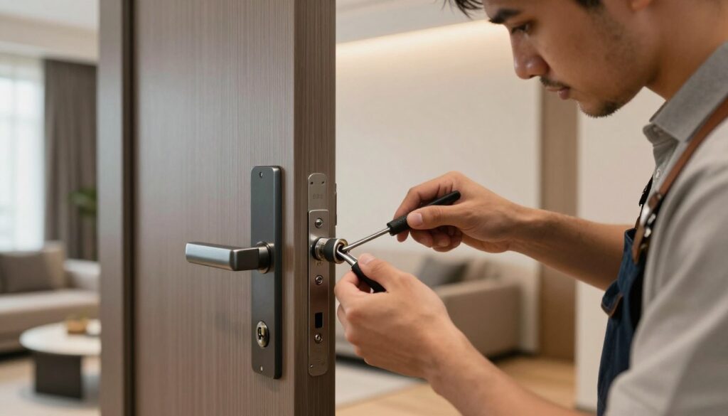 A professional interior scene depicting a close-up view of a locksmith skillfully replacing a door lock in a stylish, modern apartment. In the foreground, a well-dressed locksmith is using precision tools, focused on the lock mechanism, showcasing intricate details of the lock and tools. In the middle ground, the sleek door with a contemporary design is prominently featured, emphasizing the theme of security and home improvement. The background includes hints of the apartment’s stylish décor, such as a minimalist living room and soft ambient lighting that creates a warm atmosphere. The overall mood conveys professionalism and enhancement of rented property, illustrating the concept of lawful improvements. Use soft lighting to highlight the textures and warm colors, capturing a dynamic yet serene ambiance.