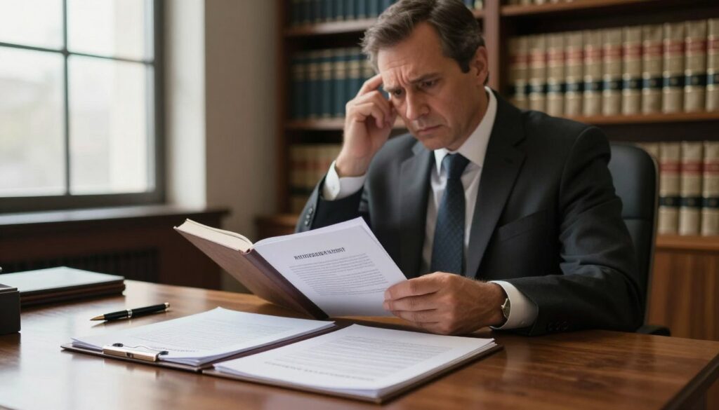 A professional legal office setting with a wooden desk in the foreground, displaying a partially open notary public document and a pen lying on top. In the middle, a focused notary public, a middle-aged man in a formal business suit, is examining a thick legal tome for references, looking slightly puzzled. In the background, shelves filled with law books and a large window letting in soft, natural light, casting gentle shadows throughout the room. The atmosphere is serious and contemplative, reflecting the intricacies of formal legal processes. The image is composed in a close-up angle, capturing the meticulous details of the document and the notary's expressions, emphasizing the theme of formal errors in notarial acts. A professional legal office setting with a wooden desk in the foreground, displaying a partially open notary public document and a pen lying on top. In the middle, a focused notary public, a middle-aged man in a formal business suit, is examining a thick legal tome for references, looking slightly puzzled. In the background, shelves filled with law books and a large window letting in soft, natural light, casting gentle shadows throughout the room. The atmosphere is serious and contemplative, reflecting the intricacies of formal legal processes. The image is composed in a close-up angle, capturing the meticulous details of the document and the notary's expressions, emphasizing the theme of formal errors in notarial acts.