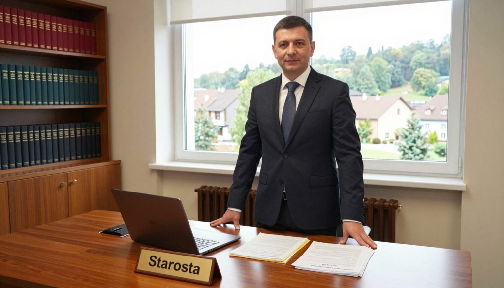 A professional-looking man in a tailored suit, standing confidently at a spacious office desk, surrounded by documents and a laptop, symbolizing leadership and responsibility. In the foreground, a polished wooden desk with a nameplate reading "Starosta" and a few papers related to county governance. In the middle ground, a window with a view of a small town, capturing the essence of local governance, with trees and buildings visible outside. The background features shelves filled with books on regional law and administration, enhancing the official atmosphere. Warm, natural lighting floods the room, creating an inviting yet authoritative mood. The camera angle is slightly elevated, focusing on the starosta, conveying a sense of duty and professionalism.