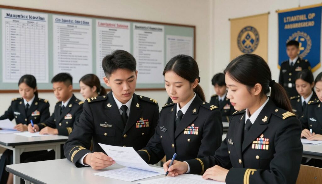 A professional military setting depicting a diverse group of graduate students in formal attire, discussing health and formal requirements for military ranks. In the foreground, two young adults, one male and one female, are reviewing official documents and guidelines on a table. The middle ground features a large bulletin board displaying health assessment charts and military regulations, highlighting physical fitness standards. In the background, soft lighting illuminates a classroom with military insignia and supportive banners promoting health awareness. The atmosphere is serious yet encouraging, with an emphasis on professionalism and aspiration. The image captures the essence of ambition among graduates transitioning to military service, with a focus on health and formal qualifications. A professional military setting depicting a diverse group of graduate students in formal attire, discussing health and formal requirements for military ranks. In the foreground, two young adults, one male and one female, are reviewing official documents and guidelines on a table. The middle ground features a large bulletin board displaying health assessment charts and military regulations, highlighting physical fitness standards. In the background, soft lighting illuminates a classroom with military insignia and supportive banners promoting health awareness. The atmosphere is serious yet encouraging, with an emphasis on professionalism and aspiration. The image captures the essence of ambition among graduates transitioning to military service, with a focus on health and formal qualifications.