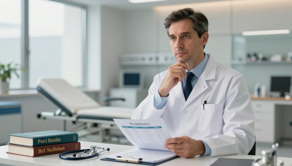 A professional neuro surgeon standing confidently in a modern hospital office, dressed in a clean white coat and business attire. In the foreground, a desk adorned with medical textbooks, salary charts, and a stethoscope. The middle ground features the surgeon deep in thought, with an open notebook showing salary figures and factors affecting physician income, illustrating the complexity of their earnings. The background includes a sleek hospital environment with soft, natural lighting filtering through large windows, casting a warm glow over the scene. The atmosphere conveys a sense of professionalism, ambition, and the gravity of medical career choices. A slight depth of field adds focus to the surgeon, highlighting the importance of understanding factors influencing their salary in Poland. A professional neuro surgeon standing confidently in a modern hospital office, dressed in a clean white coat and business attire. In the foreground, a desk adorned with medical textbooks, salary charts, and a stethoscope. The middle ground features the surgeon deep in thought, with an open notebook showing salary figures and factors affecting physician income, illustrating the complexity of their earnings. The background includes a sleek hospital environment with soft, natural lighting filtering through large windows, casting a warm glow over the scene. The atmosphere conveys a sense of professionalism, ambition, and the gravity of medical career choices. A slight depth of field adds focus to the surgeon, highlighting the importance of understanding factors influencing their salary in Poland.