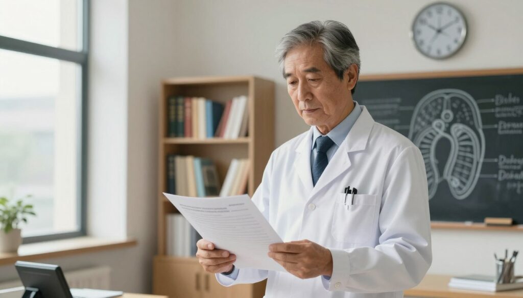 A professional neurologist in a modern hospital setting stands confidently in the foreground, dressed in a crisp white lab coat, examining medical charts. This character has a focused expression, embodying years of experience and dedication. In the middle ground, shelves filled with medical books and a chalkboard can be seen, displaying complex neurological diagrams. Soft, natural lighting streams through large windows, casting a gentle glow, creating a warm and inviting atmosphere. In the background, a digital clock shows the passing time, symbolizing years of growth and development in the field. The composition conveys a sense of professionalism, expertise, and the gradual escalation of knowledge and responsibility over time. The overall mood is serious yet inspiring, showcasing the journey of a neurologist’s career and experience.