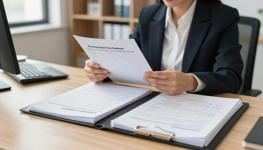 A professional office setting, featuring a desk cluttered with various employment-related documents labeled "Documentation from Employer." In the foreground, an organized file folder is open, revealing neatly arranged papers and forms, including a timesheet and leave request documents. In the middle, a businesswoman in professional attire is examining the documents, her expression focused. The background showcases a well-lit office environment with bookshelves and a computer, hinting at a workspace dedicated to HR tasks. Soft, natural lighting filters through a window, creating a warm and professional atmosphere. The composition should evoke a sense of diligence and responsibility, highlighting the importance of proper documentation in employment scenarios. A professional office setting, featuring a desk cluttered with various employment-related documents labeled "Documentation from Employer." In the foreground, an organized file folder is open, revealing neatly arranged papers and forms, including a timesheet and leave request documents. In the middle, a businesswoman in professional attire is examining the documents, her expression focused. The background showcases a well-lit office environment with bookshelves and a computer, hinting at a workspace dedicated to HR tasks. Soft, natural lighting filters through a window, creating a warm and professional atmosphere. The composition should evoke a sense of diligence and responsibility, highlighting the importance of proper documentation in employment scenarios.