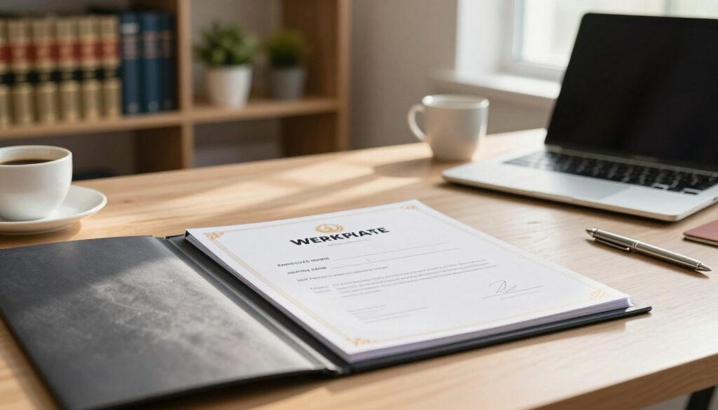 A professional office setting, featuring a desk with an open folder containing a work certificate. The foreground showcases an elegantly designed work certificate, with detailed sections labeled for employee name, job title, duration of employment, and reasons for termination, subtly highlighted to draw focus. The middle ground includes a well-organized workspace, with a laptop and a cup of coffee, creating a sense of productivity. In the background, soft focus on a bookshelf filled with legal books and potted plants, adding to the atmosphere of professionalism and knowledge. The lighting is warm and inviting, with natural light flowing in from a nearby window, casting gentle shadows that enhance the scene's depth. The mood is formal yet approachable, reflecting the importance of a work certificate in professional life.