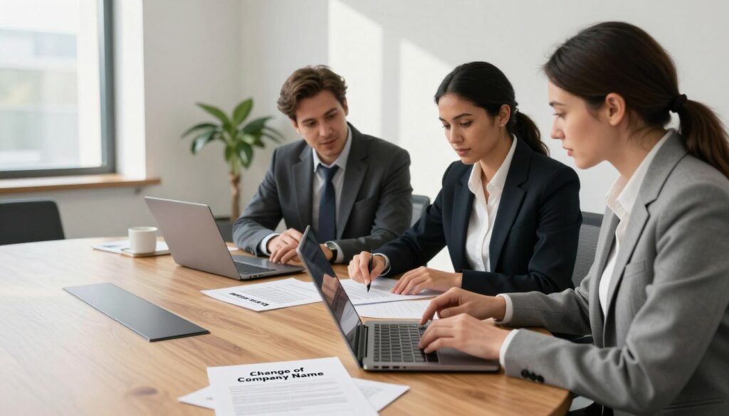 A professional office setting featuring a modern conference room with an elegant wooden table in the foreground. There are open laptops and scattered business documents showing a form titled "Change of Company Name" in Polish. In the middle ground, a diverse group of three businesspeople (two men and one woman) in smart business attire are engaged in a focused discussion, pointing at documents, while one person types notes on a laptop. In the background, a large window lets in natural light, illuminating the space and creating a productive atmosphere. Soft shadows play across the room, adding depth. The overall mood is collaborative and professional, emphasizing the importance of the company name change process.