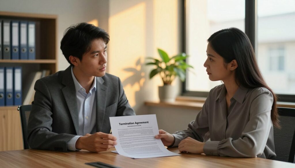 A professional office setting featuring two individuals engaged in a discussion across a wooden conference table, with a document titled "Termination Agreement" in front of them. In the foreground, a man in a tailored suit and a woman in a smart blouse, both looking focused and attentive, exemplifying a serious conversation about contract termination. The middle ground showcases a warm, ambient light filtering through large windows, casting soft shadows, creating a focused yet relaxed atmosphere. In the background, shelves adorned with binders and a modern office plant add a touch of professionalism. The image should capture the essence of mutual agreement and cooperation, symbolizing the process of termination by mutual consent, with an emphasis on professionalism and clarity.
