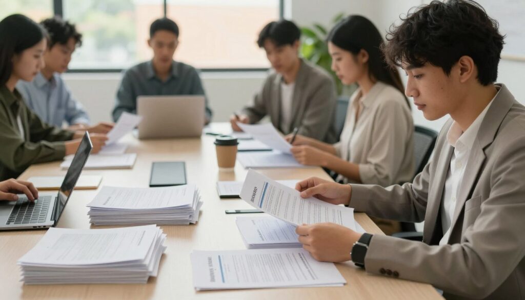 A professional office setting showcasing a diverse group of individuals preparing documents for graduate studies. In the foreground, a student wearing business casual attire, sitting at a desk covered with neatly arranged papers, a laptop, and a coffee cup. The middle ground features a conference table with stacks of application forms, IDs, and recommendation letters. In the background, a large window lets in warm natural light, creating an inviting atmosphere, with plants enhancing the environment. The overall mood is focused and collaborative, conveying the importance of preparing essential documents for second-cycle studies. Capture the scene with a soft focus effect to evoke a sense of professionalism and determination.