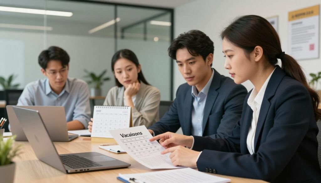 A professional office setting where a diverse group of four individuals are engaged in a discussion about vacation days and work history. In the foreground, a female employee in professional attire is pointing at a document on the table, while a male colleague examines a laptop screen, both looking focused. In the middle ground, two other colleagues are seated, one taking notes and the other looking thoughtfully at a calendar, representing various stages of career progression. The background shows a modern office space with glass walls and motivational posters about work-life balance. The lighting is bright and warm, creating an inviting and productive atmosphere. The image captures a sense of collaboration and professionalism, emphasizing the theme of calculating vacation days based on educational background and employment history. A professional office setting where a diverse group of four individuals are engaged in a discussion about vacation days and work history. In the foreground, a female employee in professional attire is pointing at a document on the table, while a male colleague examines a laptop screen, both looking focused. In the middle ground, two other colleagues are seated, one taking notes and the other looking thoughtfully at a calendar, representing various stages of career progression. The background shows a modern office space with glass walls and motivational posters about work-life balance. The lighting is bright and warm, creating an inviting and productive atmosphere. The image captures a sense of collaboration and professionalism, emphasizing the theme of calculating vacation days based on educational background and employment history.