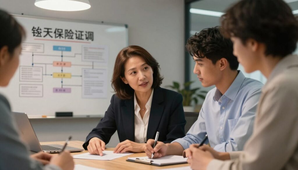 A professional office setting where a diverse group of individuals are engaged in a collaborative discussion about social insurance verification. In the foreground, a middle-aged woman in smart business attire is pointing at a document on the table, while a young man beside her, dressed in a button-down shirt, takes notes on a notepad. In the background, a large whiteboard displays flowcharts and diagrams related to the verification process. The scene is illuminated by warm, soft lighting from overhead lamps, creating a focused yet inviting atmosphere. The composition should be from a slight angle to capture the interaction and details in the office, emphasizing teamwork and professional engagement, without any text or distractions in the image. A professional office setting where a diverse group of individuals are engaged in a collaborative discussion about social insurance verification. In the foreground, a middle-aged woman in smart business attire is pointing at a document on the table, while a young man beside her, dressed in a button-down shirt, takes notes on a notepad. In the background, a large whiteboard displays flowcharts and diagrams related to the verification process. The scene is illuminated by warm, soft lighting from overhead lamps, creating a focused yet inviting atmosphere. The composition should be from a slight angle to capture the interaction and details in the office, emphasizing teamwork and professional engagement, without any text or distractions in the image.