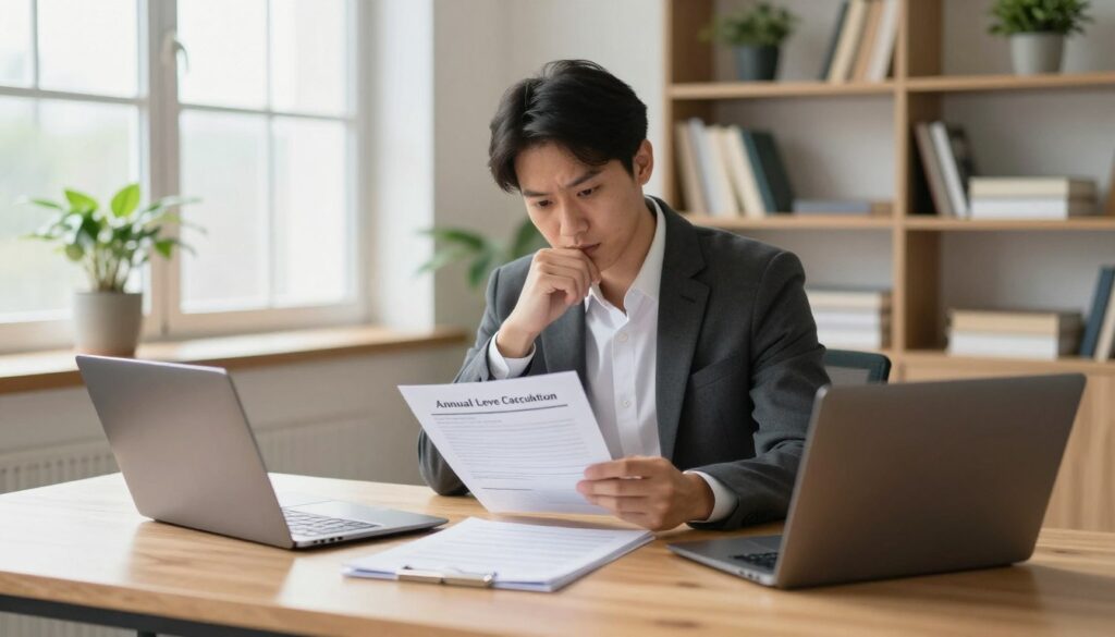 A professional office setting with a large wooden desk in the foreground, neatly arranged with paperwork and a laptop. In the middle, a thoughtful individual in business attire, reviewing a document titled "Annual Leave Calculation," with focused expression, sitting at the desk. The background features a bright window with light streaming in, casting soft shadows, and shelves filled with books and plants creating a warm and inviting atmosphere. The lighting is natural and balanced, emphasizing professionalism and clarity. A potted plant on the side adds a touch of nature, enhancing the workplace ambiance. The overall mood is serious yet hopeful, reflecting the topic of vacation entitlement and work experiences.