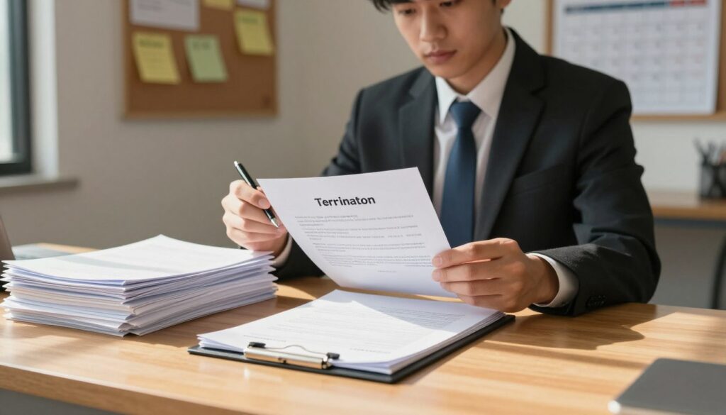 A professional office setting with a wooden desk in the foreground, where a meticulously organized stack of paperwork includes a termination letter prominently displayed. In the middle, a focused young professional in business attire (a suit and tie), pen in hand, appears to be reviewing the letter with a look of concentration. On the wall behind them, there's a bulletin board with reminders and a calendar that shows important deadlines. The lighting is warm and inviting, creating an atmosphere of seriousness yet calm, with sunlight filtering through a nearby window casting soft shadows across the desk. The lens should capture a slight depth of field, emphasizing the paperwork while keeping the background slightly blurred to enhance the focus on the act of reviewing the termination letter, conveying the theme of avoiding common pitfalls in the process.