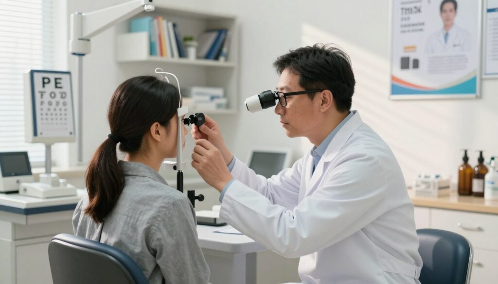 A professional ophthalmologist in a well-lit clinic, wearing a white coat and glasses, examining a patient seated in an exam chair. The clinic is modern and inviting, with medical equipment like an eye chart, slit lamp, and reassuring posters on the walls. The foreground features the ophthalmologist intently focused on the patient's eye, while the middle ground highlights the patient’s face displaying calmness and trust. In the background, shelves neatly arranged with medical books and tools create a sterile yet warm atmosphere. Soft, natural light filters in through a window, casting gentle shadows. The overall mood is professional and caring, capturing the essence of an eye specialist working in public healthcare. A professional ophthalmologist in a well-lit clinic, wearing a white coat and glasses, examining a patient seated in an exam chair. The clinic is modern and inviting, with medical equipment like an eye chart, slit lamp, and reassuring posters on the walls. The foreground features the ophthalmologist intently focused on the patient's eye, while the middle ground highlights the patient’s face displaying calmness and trust. In the background, shelves neatly arranged with medical books and tools create a sterile yet warm atmosphere. Soft, natural light filters in through a window, casting gentle shadows. The overall mood is professional and caring, capturing the essence of an eye specialist working in public healthcare.