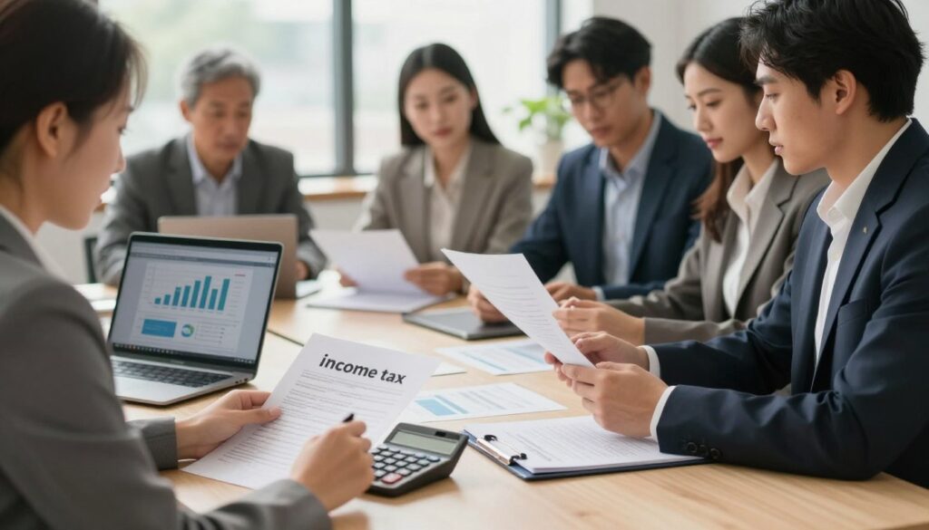 A professional scene illustrating the concept of "income tax" with a focused view on a financial advisor's desk. In the foreground, a well-organized desk featuring a calculator, a laptop displaying financial graphs, and neatly arranged documents related to taxes. In the middle, a diverse group of people in professional business attire (a mix of genders and ethnicities) engage in a discussion, analyzing tax-related paperwork. The background shows a large window with natural light streaming in, reflecting a bright and productive office environment. The atmosphere should convey a sense of cooperation and clarity, with soft shadows and a warm color palette that suggests a serious yet optimistic approach to financial planning. No text or watermarks. A professional scene illustrating the concept of "income tax" with a focused view on a financial advisor's desk. In the foreground, a well-organized desk featuring a calculator, a laptop displaying financial graphs, and neatly arranged documents related to taxes. In the middle, a diverse group of people in professional business attire (a mix of genders and ethnicities) engage in a discussion, analyzing tax-related paperwork. The background shows a large window with natural light streaming in, reflecting a bright and productive office environment. The atmosphere should convey a sense of cooperation and clarity, with soft shadows and a warm color palette that suggests a serious yet optimistic approach to financial planning. No text or watermarks.