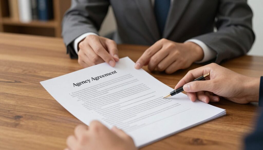 A professional setting depicting a close-up of an agency agreement document on a polished wooden desk. The document, titled "Agency Agreement", is partially open, revealing detailed terms and conditions in elegant font. In the background, a business agent in a tailored suit, with a focused expression, is discussing the document with a client seated across the desk. Soft, diffused lighting highlights the textures of the paper and wood, creating a warm, inviting atmosphere. The scene conveys a sense of professionalism and trust, reflecting the intricacies of agency contracts. A faintly blurred bookshelf filled with business-related books serves as a backdrop, enhancing the environment without distraction. The image is composed at a slight angle to emphasize both the document and the interaction.