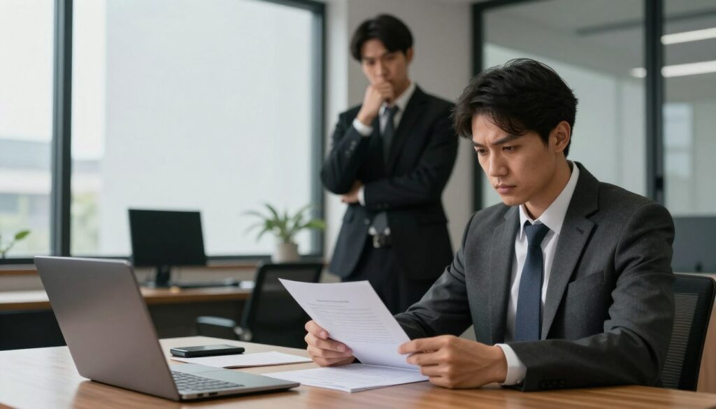 A professional setting depicting a symbolic scene of a "promise to conclude a contract." In the foreground, a businessperson in formal attire sits at a wooden desk, intently reviewing a contract document, with a look of determination. On the middle plane, another business individual stands nearby, arms crossed with a contemplative expression, embodying the hesitation of not proceeding with the agreement. The background features a stylish office environment with large windows letting in soft natural light, casting gentle shadows. The atmosphere is tense yet professional, reflecting the weight of legal commitments and the potential for disputes over promised agreements.