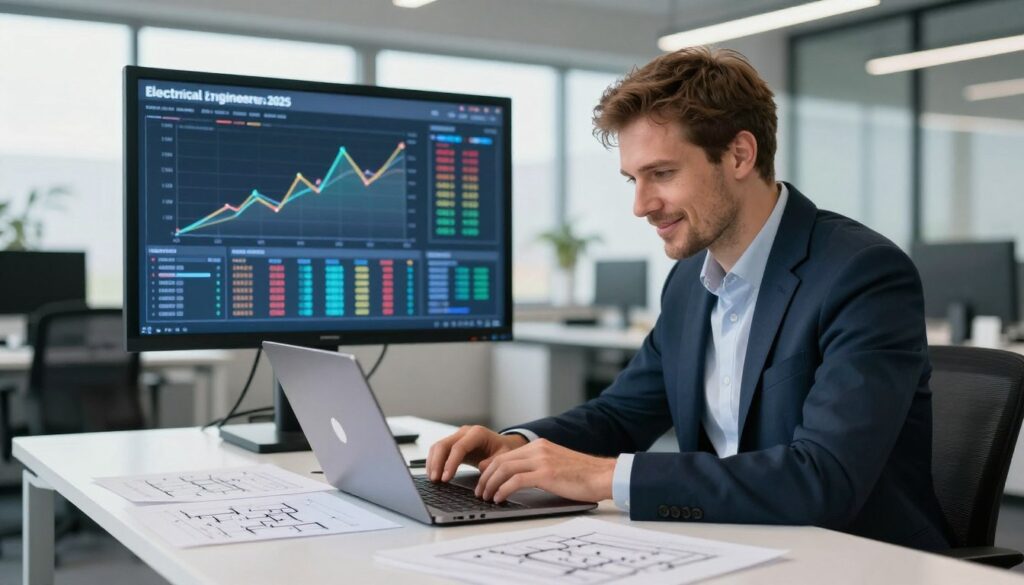 A professional setting featuring an elektrotechnik (electrical engineer) in Poland, dressed in business attire, focused on analyzing data on a sleek modern laptop. In the foreground, the engineer is seated at a contemporary desk, with electrical schematics and financial reports scattered around. In the middle ground, a large digital display shows graphs and average salary trends for electrical engineers in 2025. The background features a bright, open office environment with large windows letting in natural light, casting soft shadows. The mood is optimistic and professional, with a sense of future growth and opportunity in the field of electrical engineering. The perspective is slightly angled to enhance depth, emphasizing the tools of the trade. A professional setting featuring an elektrotechnik (electrical engineer) in Poland, dressed in business attire, focused on analyzing data on a sleek modern laptop. In the foreground, the engineer is seated at a contemporary desk, with electrical schematics and financial reports scattered around. In the middle ground, a large digital display shows graphs and average salary trends for electrical engineers in 2025. The background features a bright, open office environment with large windows letting in natural light, casting soft shadows. The mood is optimistic and professional, with a sense of future growth and opportunity in the field of electrical engineering. The perspective is slightly angled to enhance depth, emphasizing the tools of the trade.