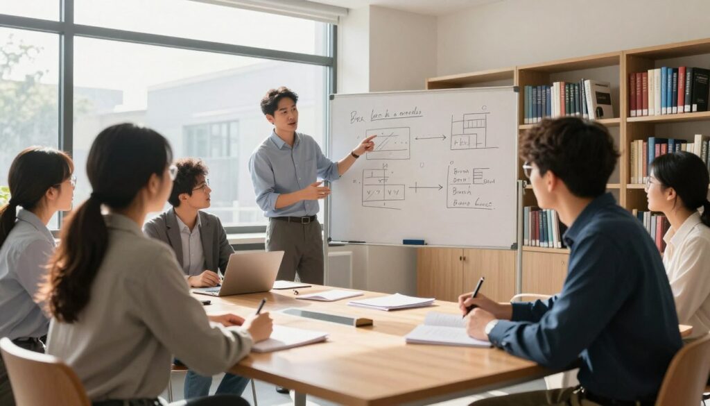 A professional setting for a graduate studies classroom, featuring a diverse group of students engaged in discussion. In the foreground, two students are seated at a modern wooden table, studying notes and sharing ideas, dressed in business casual attire. In the middle, a lecturer stands at a whiteboard, illustrating complex concepts with diagrams, exuding enthusiasm and support. Bright, natural light floods the room through large windows, casting soft shadows that create a warm and inviting ambiance. In the background, bookshelves filled with academic texts line the walls, enhancing the scholarly atmosphere. The scene captures an intense focus on collaboration and learning in a post-graduate educational environment.