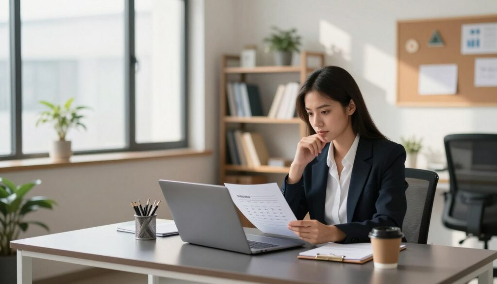 A professional setting illustrating the concept of transferring vacation leave within the same company. In the foreground, a well-dressed businesswoman sits at a sleek, modern desk, reviewing documents related to her vacation time on a laptop. She appears focused and contemplative, with a notepad and cup of coffee beside her. In the middle, soft natural light filters through large office windows, casting gentle shadows on the wall, enhancing a productive atmosphere. The background features a contemporary office with bookshelves, a potted plant, and a vision board, all contributing to the theme of career progression. The mood is optimistic and professional, suggesting growth and continuity within the workplace. The perspective is from slightly above eye level, capturing both the subject and the surrounding environment harmoniously. A professional setting illustrating the concept of transferring vacation leave within the same company. In the foreground, a well-dressed businesswoman sits at a sleek, modern desk, reviewing documents related to her vacation time on a laptop. She appears focused and contemplative, with a notepad and cup of coffee beside her. In the middle, soft natural light filters through large office windows, casting gentle shadows on the wall, enhancing a productive atmosphere. The background features a contemporary office with bookshelves, a potted plant, and a vision board, all contributing to the theme of career progression. The mood is optimistic and professional, suggesting growth and continuity within the workplace. The perspective is from slightly above eye level, capturing both the subject and the surrounding environment harmoniously.