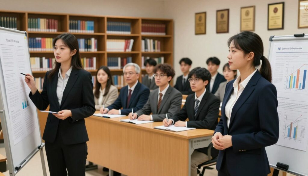 A professional setting showcasing the defense of a diploma thesis, featuring a diverse group of students and professors in a university lecture hall. In the foreground, a young woman in professional business attire stands confidently beside a presentation board, displaying graphs and notes. In the middle, a panel of professors, dressed in formal attire, attentively listens and takes notes. The background features bookshelves filled with academic books and awards on the walls, contributing to a scholarly atmosphere. Soft, warm lighting illuminates the scene, creating an inviting mood. The lens is focused on the students, capturing their expressions of determination and focus, while ensuring a clean, organized environment without any distractions.