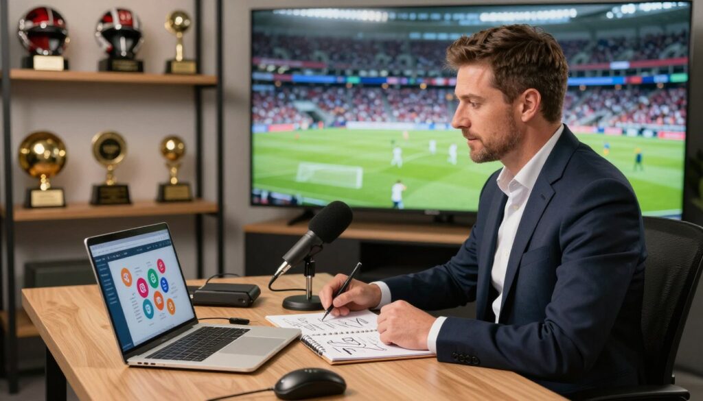 A professional sports commentator, dressed in a smart casual outfit, is sitting at an elegantly designed desk filled with various gadgets representing different income streams, such as a laptop showing a podcast platform, a microphone, and a notepad with ideas for freelance work. In the foreground, an open laptop displays vibrant social media icons, symbolizing online engagement. The middle ground features an organized workspace with sports memorabilia and awards showcased on shelves. The background is a blurred sports stadium scene, with a lively atmosphere, illustrating the connection between commentary and sporting events. Soft, warm lighting enhances the scene, creating an inviting and professional atmosphere, with a slight focus on the commentator, capturing the essence of building an income beyond just game commentary.