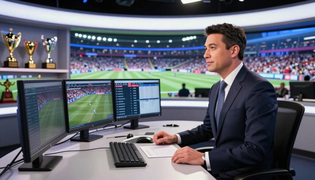 A professional sports commentator in a sleek, modern broadcasting studio. The foreground features the commentator seated at a high-tech desk with multiple screens displaying various sports statistics and analysis. In the middle ground, there are shelves filled with sport trophies and awards, symbolizing success. The background shows a large window overlooking a sports arena, illuminated by bright ambient lighting, creating an energetic atmosphere. The commentator, dressed in a sharp suit, showcases a confident demeanor with an expression of focus and determination. The lighting is bright, casting soft shadows, creating a dynamic and engaging mood that reflects professionalism and expertise in the sports commentary industry.