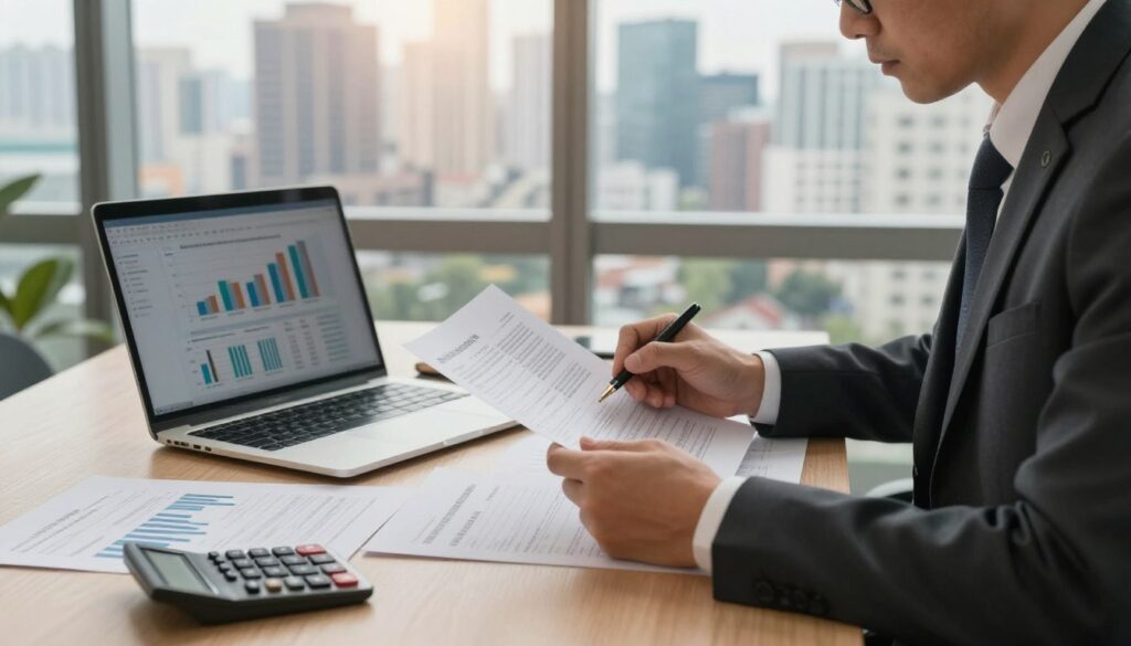 A professional tax advisor at a modern office desk, surrounded by financial documents, a laptop displaying charts, and a calculator. The foreground features the advisor, a focused individual in formal business attire, reviewing financial reports. In the middle ground, various financial tools and paperwork illustrate the complexities of taxation. The background shows a city skyline through a large window, indicating a bustling urban environment, suggesting the difference between large cities and smaller towns. Warm, natural lighting filters in, creating a calm, productive atmosphere. The image captures a sense of professionalism and the dynamic nature of a tax advisor's work, highlighting the importance of financial advice in diverse settings. A professional tax advisor at a modern office desk, surrounded by financial documents, a laptop displaying charts, and a calculator. The foreground features the advisor, a focused individual in formal business attire, reviewing financial reports. In the middle ground, various financial tools and paperwork illustrate the complexities of taxation. The background shows a city skyline through a large window, indicating a bustling urban environment, suggesting the difference between large cities and smaller towns. Warm, natural lighting filters in, creating a calm, productive atmosphere. The image captures a sense of professionalism and the dynamic nature of a tax advisor's work, highlighting the importance of financial advice in diverse settings.