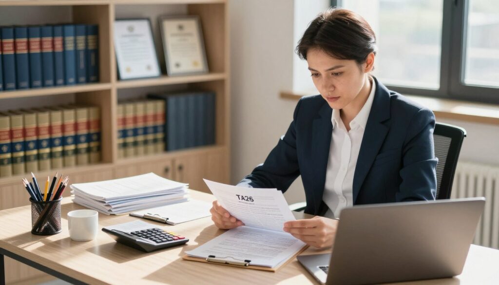 A professional tax advisor in Poland sitting at a modern office desk, reviewing financial documents and using a laptop. The advisor is dressed in smart business attire, exuding confidence and expertise. In the foreground, a neatly arranged desk with stationery, a calculator, and an open financial report. The middle background features shelves filled with tax law books and certifications. Natural light streams through a window, casting a warm glow over the scene, creating an atmosphere of professionalism and focus. The angle is slightly above eye level, capturing both the advisor's concentrated expression and the organizational elements around them, symbolizing a thriving career in tax consultancy in 2026. A professional tax advisor in Poland sitting at a modern office desk, reviewing financial documents and using a laptop. The advisor is dressed in smart business attire, exuding confidence and expertise. In the foreground, a neatly arranged desk with stationery, a calculator, and an open financial report. The middle background features shelves filled with tax law books and certifications. Natural light streams through a window, casting a warm glow over the scene, creating an atmosphere of professionalism and focus. The angle is slightly above eye level, capturing both the advisor's concentrated expression and the organizational elements around them, symbolizing a thriving career in tax consultancy in 2026.