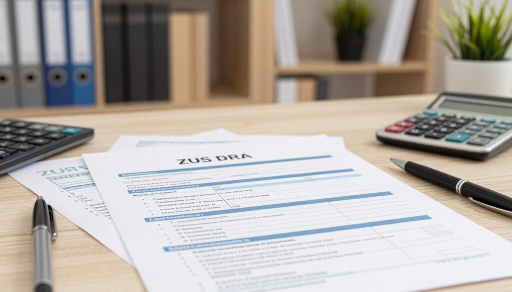A professional workspace depicting a detailed ZUS DRA declaration form on a desk, surrounded by pens, a calculator, and financial documents. In the foreground, emphasize the form with clear sections and bullet points for clarity. The background features a warm, well-lit office space with shelves filled with business books and a potted plant. Use soft, natural lighting to create a calm, focused atmosphere highlighting the importance of organization and diligence in managing financial responsibilities. The scene should reflect professionalism, with no people present, ensuring that it remains strictly business-oriented and devoid of any distractions. Capture the essence of compliance and clarity in self-employment financial management.