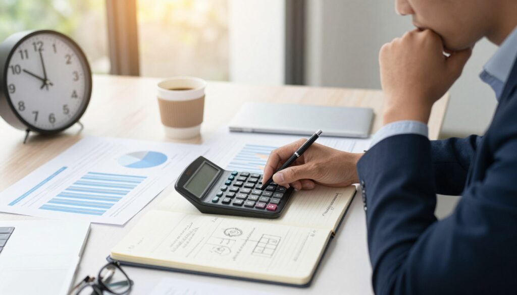 A professional workspace scene depicting a calculator, an open notepad filled with notes and diagrams about work experience, and a clock emphasizing the passage of time. In the foreground, a person in smart business attire is reviewing their qualifications, looking contemplative and engaged. In the middle, a desk cluttered with papers, charts, and a cup of coffee, illustrating the complexity of work experience and education integration. The background features a softly blurred office window, letting in warm, natural light that creates a comfortable and focused atmosphere. The overall mood is one of reflection and determination, emphasizing the nuances of calculating work experience versus study time. The perspective is from slightly above, capturing all elements harmoniously without distractions.