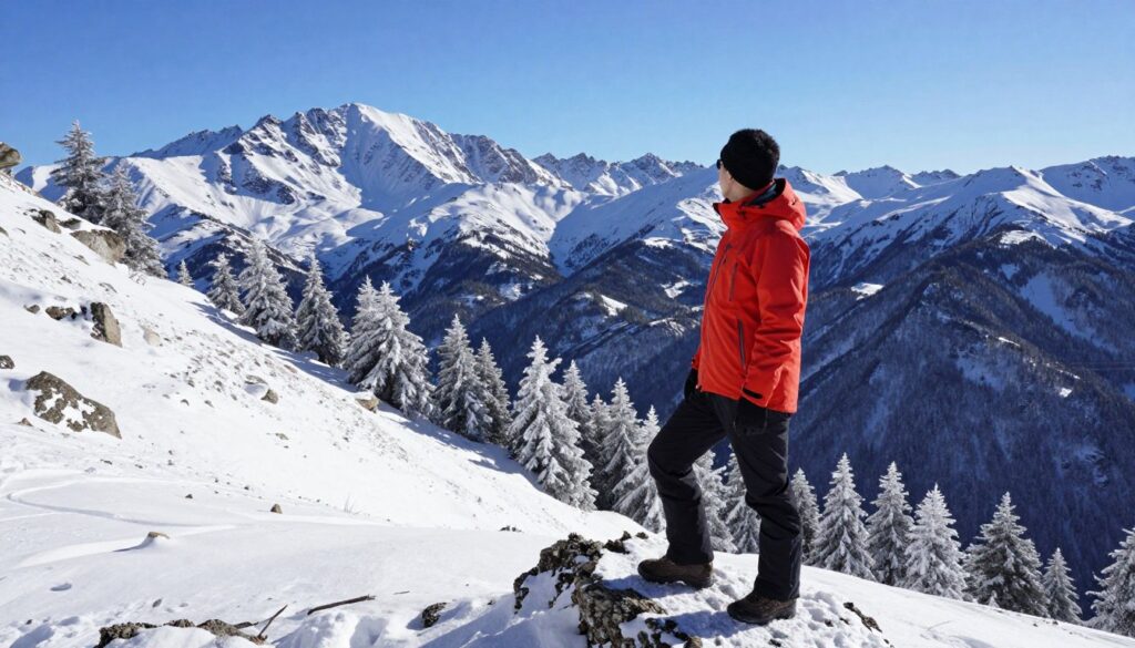 A rugged mountain landscape under a clear blue sky, showcasing the stunning beauty of a winter environment. In the foreground, a model dressed in a vibrant Dare2B winter jacket stands confidently on a rocky outcrop, gazing out over the snow-covered peaks. The jacket is bright and stylish, contrasting against the icy terrain, with visible details like zippers and insulation. In the middle ground, a series of snow-laden pines dot the slopes, while the background features majestic, towering mountains dusted with snow. The lighting is bright and crisp, capturing the cool, refreshing atmosphere of a winter day. Shot with a wide-angle lens to encompass the grandeur of the landscape, the scene conveys a sense of adventure and resilience. A rugged mountain landscape under a clear blue sky, showcasing the stunning beauty of a winter environment. In the foreground, a model dressed in a vibrant Dare2B winter jacket stands confidently on a rocky outcrop, gazing out over the snow-covered peaks. The jacket is bright and stylish, contrasting against the icy terrain, with visible details like zippers and insulation. In the middle ground, a series of snow-laden pines dot the slopes, while the background features majestic, towering mountains dusted with snow. The lighting is bright and crisp, capturing the cool, refreshing atmosphere of a winter day. Shot with a wide-angle lens to encompass the grandeur of the landscape, the scene conveys a sense of adventure and resilience.