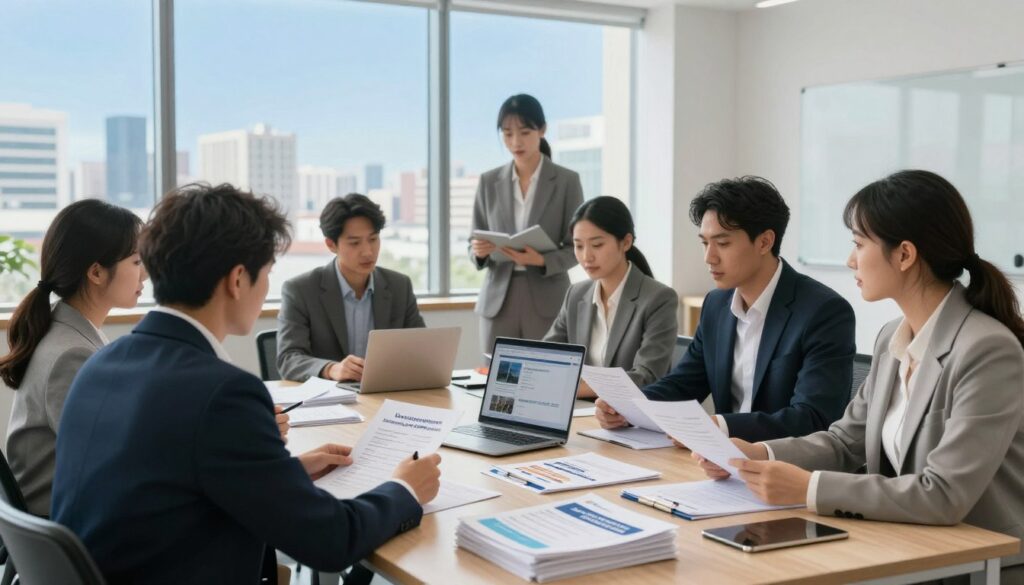 A scene depicting an office environment focused on unemployment support and job seeking. In the foreground, a diverse group of individuals, dressed in professional business attire, engage in discussions and review documents related to unemployment benefits. The middle layer features a large table with stacks of papers, brochures about job placement services, and a laptop displaying a job search website. In the background, a window shows a bright cityscape with a clear blue sky, symbolizing hope and opportunities. Soft, natural lighting filters through the window, creating an uplifting atmosphere. Use a wide-angle lens to capture the full scene, emphasizing collaboration and support among the individuals.