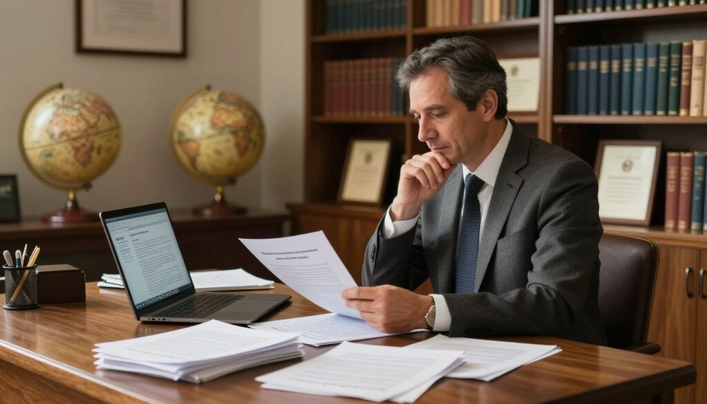 A scholar sits at a well-organized wooden desk in a well-lit, sophisticated office filled with bookshelves. The foreground features neatly stacked academic papers and an open laptop displaying research articles. In the middle ground, the scholar, a middle-aged professional in a smart suit, is deep in thought, reviewing documents related to doctoral studies and continuing education. Soft, warm lighting enhances the scholarly atmosphere, casting gentle shadows. In the background, vintage globes and framed degrees add character to the room, evoking a sense of academic achievement. The overall mood is one of contemplation and determination, embodying the importance of education in career progression and retirement.