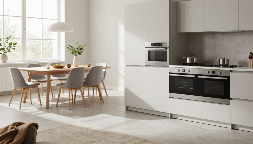 A serene Scandinavian design scene showcasing a modern kitchen environment embodying Electrolux's commitment to quality and sustainability. In the foreground, sleek and minimalist kitchen appliances are center stage, meticulously crafted with smooth lines and natural materials. In the middle ground, a bright and airy dining area with a wooden table, adorned with decorative plants and warm textiles, captures the essence of cozy Nordic living. The background features large windows allowing natural light to flood in, highlighting the simplicity and functionality of Scandinavian design. The color palette includes soft whites, muted grays, and earthy tones, creating a harmonious and inviting atmosphere. The image is well-lit, emphasizing the elegance of the space, captured from a slightly elevated angle to showcase the layout and design elements effectively. A serene Scandinavian design scene showcasing a modern kitchen environment embodying Electrolux's commitment to quality and sustainability. In the foreground, sleek and minimalist kitchen appliances are center stage, meticulously crafted with smooth lines and natural materials. In the middle ground, a bright and airy dining area with a wooden table, adorned with decorative plants and warm textiles, captures the essence of cozy Nordic living. The background features large windows allowing natural light to flood in, highlighting the simplicity and functionality of Scandinavian design. The color palette includes soft whites, muted grays, and earthy tones, creating a harmonious and inviting atmosphere. The image is well-lit, emphasizing the elegance of the space, captured from a slightly elevated angle to showcase the layout and design elements effectively.