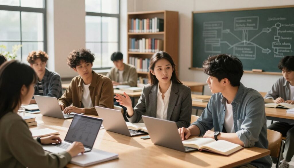 A serene academic setting featuring a diverse group of students engaged in a collaborative study session. In the foreground, a professional woman in a smart blazer gestures while discussing ideas with a man in casual business attire, both surrounded by open books and laptops. The middle ground showcases a library filled with bookshelves, emphasizing classic humanities texts alongside modern resources. Sunlight filters through large windows, creating a warm and inviting atmosphere, highlighting the notion of learning and exploration. In the background, a chalkboard displays diagrams and mind maps related to various classic and modern humanities specializations. The overall mood is inspiring and intellectual, perfect for showcasing traditional and contemporary humanities fields.