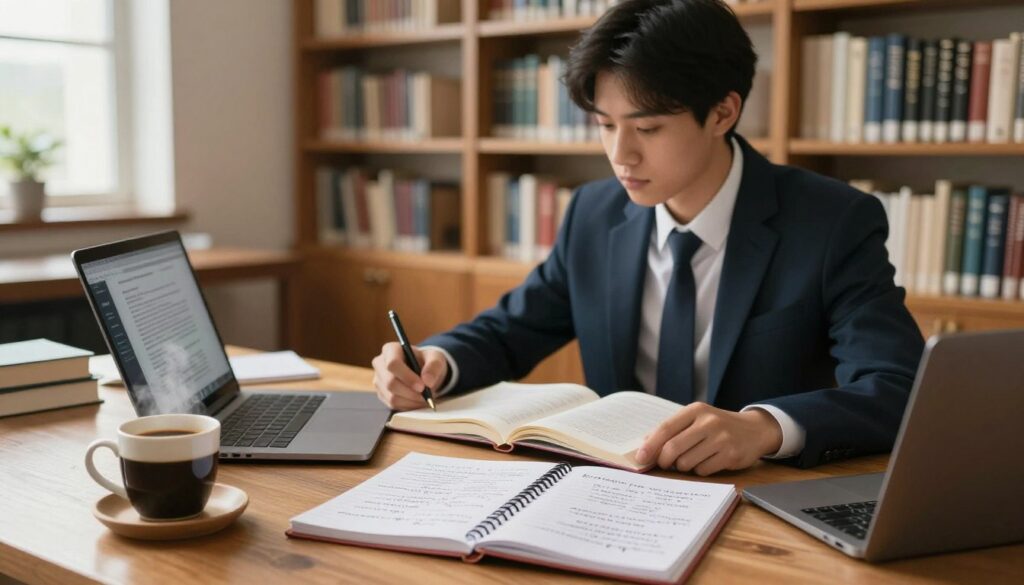 A serene academic study environment, featuring a well-organized wooden desk with open books, a laptop displaying a partially written essay, and a large notepad with research questions in neat handwriting. In the foreground, a steaming cup of coffee adds warmth. In the middle, a thoughtful student in professional attire, looking contemplative, as they jot down ideas. The background showcases a cozy library filled with shelves of books and soft lighting filtering through a window, creating a focused yet inviting atmosphere. The scene captures the essence of academic research, fostering inspiration and clarity. The image should be well-lit, with a shallow depth of field to emphasize the student and desk, while maintaining a calm and motivational mood.