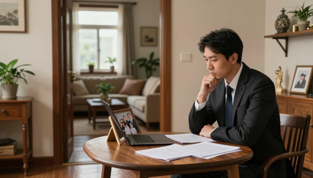 A serene and contemplative scene depicting a traditional, cozy apartment interior reflecting a sense of inheritance and legal complexity. In the foreground, a well-dressed professional, such as a lawyer or an estate planner, is seated at a small wooden table covered in legal documents and a laptop, looking thoughtfully at a family photo, symbolizing the connection to the deceased owner. In the middle ground, an open doorway leads to a softly lit living room adorned with plants and family treasures, hinting at memories. The background shows a window with soft daylight streaming in, casting gentle shadows. The atmosphere is somber yet hopeful, with warm tones creating a sense of nostalgia and reflection on the responsibilities of inherited rights.