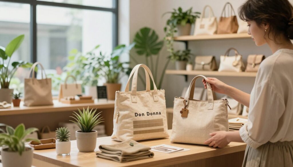 A serene and eco-friendly workspace featuring an elegant display of sustainable fashion products by Don Donna. In the foreground, a well-dressed individual examines a beautifully designed handbag made from recycled materials, showcasing their commitment to sustainability. The middle ground features shelves adorned with various eco-friendly accessories, all tastefully arranged. The background displays large windows allowing natural light to fill the room, highlighting plants that thrive in bright, airy conditions. The atmosphere is calm and inviting, emphasizing a harmonious blend of nature and design. The lighting is soft and warm, with a slight focus on the products to create a sense of innovation and respect for the environment. A serene and eco-friendly workspace featuring an elegant display of sustainable fashion products by Don Donna. In the foreground, a well-dressed individual examines a beautifully designed handbag made from recycled materials, showcasing their commitment to sustainability. The middle ground features shelves adorned with various eco-friendly accessories, all tastefully arranged. The background displays large windows allowing natural light to fill the room, highlighting plants that thrive in bright, airy conditions. The atmosphere is calm and inviting, emphasizing a harmonious blend of nature and design. The lighting is soft and warm, with a slight focus on the products to create a sense of innovation and respect for the environment.