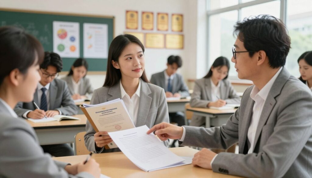 A serene classroom scene set in a modern school environment showcasing a diverse group of professionals in business attire engaged in discussion. In the foreground, a middle-aged teacher, wearing glasses and a smart blazer, points at a document on a desk, illustrating the importance of educational credentials for retirement. In the middle ground, a young woman holds a folder with papers, including diplomas, conveying the theme of work experience accumulation. The background features a chalkboard with educational charts and school awards displayed on the wall, indicating a nurturing educational atmosphere. Soft, natural lighting fills the space from large windows, creating a warm, inviting mood that emphasizes learning and professional development. Shot taken at eye level to enhance relatability.