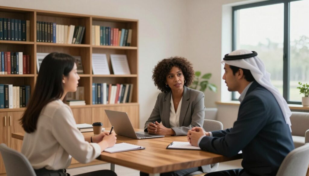 A serene clinical psychology office, showcasing a soothing atmosphere with soft, warm lighting. In the foreground, a diverse group of three professionals—two women (one Asian, one Black) and one man (Middle-Eastern)—are engaged in a deep discussion around a modern wooden table, dressed in professional business attire. On the wall behind them, there's a large bookshelf filled with psychology textbooks and research papers, hinting at the academic aspects of clinical psychology. In the background, a window reveals a peaceful outdoor view, enhancing the calm and inviting mood. A cozy armchair is placed near the window, suggesting a welcoming space for therapy sessions. The image is taken from a slight angle to capture the depth of the room, creating an inviting and professional ambiance.