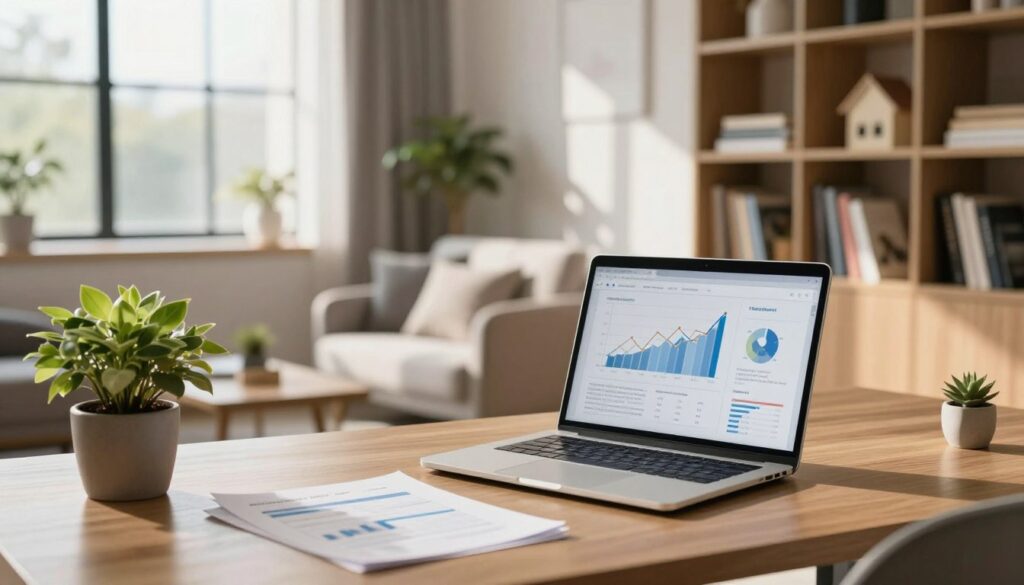 A serene interior space showcasing a modern home office. In the foreground, a stylish desk with a laptop open to financial charts and documents, symbolizing real estate investment and tax benefits. A potted plant adds a touch of greenery. In the middle ground, a comfortable seating area with tasteful decor and a large window allowing natural light to flood in, casting soft shadows. The background features a well-organized bookshelf filled with books on finance and housing, complementing the theme of housing relief. The atmosphere is calm and professional, with warm lighting to evoke a sense of motivation and focus. The scene reflects an environment conducive to planning and decision-making about housing investments. A serene interior space showcasing a modern home office. In the foreground, a stylish desk with a laptop open to financial charts and documents, symbolizing real estate investment and tax benefits. A potted plant adds a touch of greenery. In the middle ground, a comfortable seating area with tasteful decor and a large window allowing natural light to flood in, casting soft shadows. The background features a well-organized bookshelf filled with books on finance and housing, complementing the theme of housing relief. The atmosphere is calm and professional, with warm lighting to evoke a sense of motivation and focus. The scene reflects an environment conducive to planning and decision-making about housing investments.